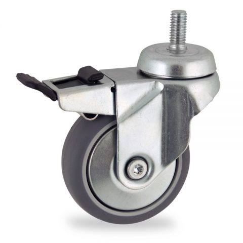 Zinc plated total lock castor 100mm for light trolleys,wheel made of grey rubber,plain bearing.Bolt stem fitting