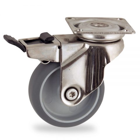 Stainless total lock castor 50mm for light trolleys,wheel made of grey rubber,double ball bearings.Top plate fitting