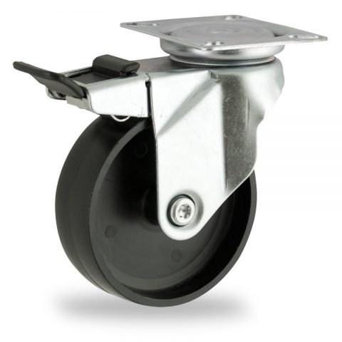 Zinc plated total lock castor 150mm for light trolleys,wheel made of polypropylene,plain bearing.Top plate fitting