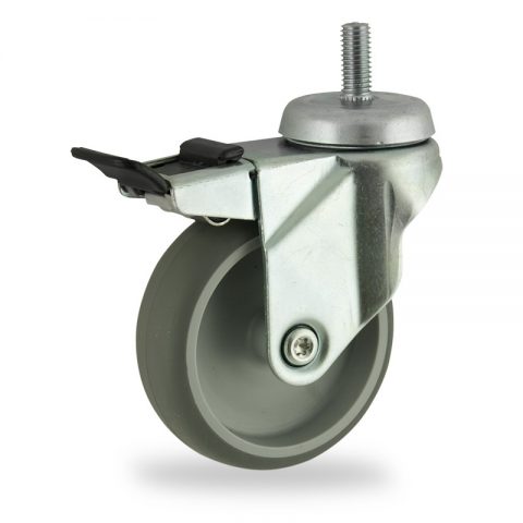 Zinc plated total lock castor 100mm for light trolleys,wheel made of grey rubber,plain bearing.Bolt stem fitting