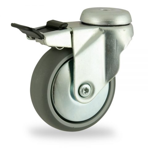 Zinc plated total lock castor 150mm for light trolleys,wheel made of grey rubber,plain bearing.Bolt hole fitting