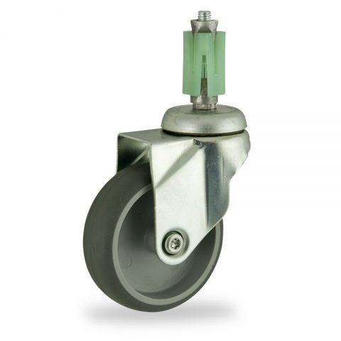 Zinc plated swivel castor 150mm for light trolleys,wheel made of grey rubber,plain bearing.Fitting with square expander 21/24