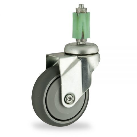 Zinc plated swivel castor 125mm for light trolleys,wheel made of grey rubber,single precision ball bearing.Fitting with square expander 24/27