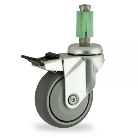 Zinc plated total lock castor 125mm for light trolleys,wheel made of grey rubber,single precision ball bearing.Fitting with square expander 27/31