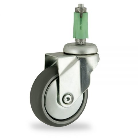 Zinc plated swivel castor 150mm for light trolleys,wheel made of grey rubber,double ball bearings.Fitting with square expander 21/24