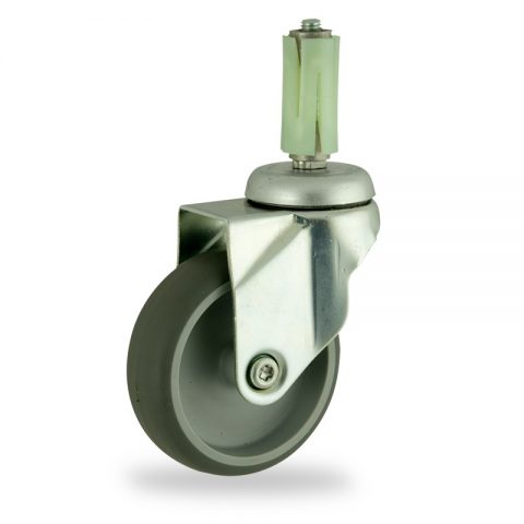 Zinc plated swivel castor 125mm for light trolleys,wheel made of grey rubber,plain bearing.Fitting with round expander 23/26