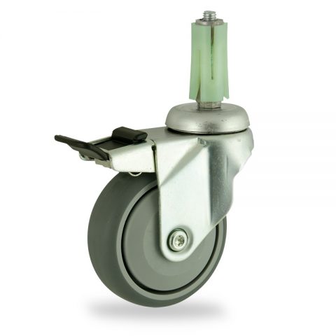 Zinc plated total lock castor 125mm for light trolleys,wheel made of grey rubber,single precision ball bearing.Fitting with round expander 19/23