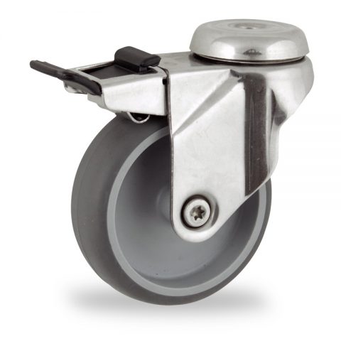 Stainless total lock castor 75mm for light trolleys,wheel made of grey rubber,plain bearing.Bolt hole fitting