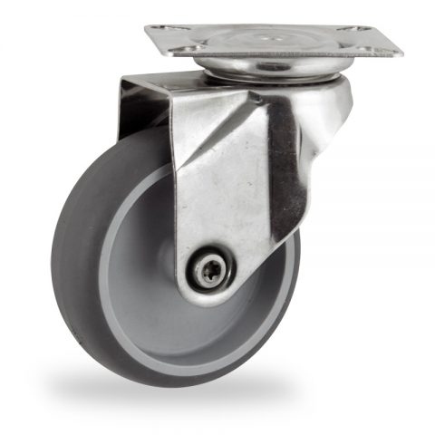 Stainless swivel castor 150mm for light trolleys,wheel made of grey rubber,double ball bearings.Top plate fitting