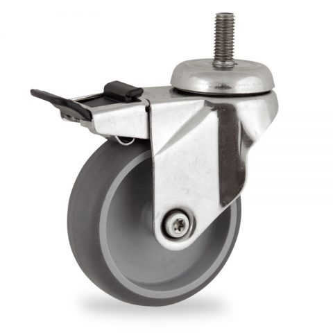 Stainless total lock castor 150mm for light trolleys,wheel made of grey rubber,plain bearing.Bolt stem fitting