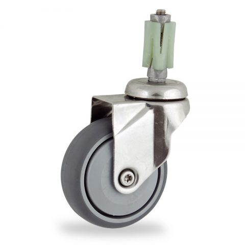 Stainless swivel castor 100mm for light trolleys,wheel made of grey rubber,single precision ball bearing.Fitting with square expander 31/35