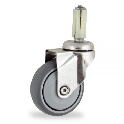 Stainless swivel castor 75mm for light trolleys,wheel made of grey rubber,single precision ball bearing.Fitting with round expander 26/30