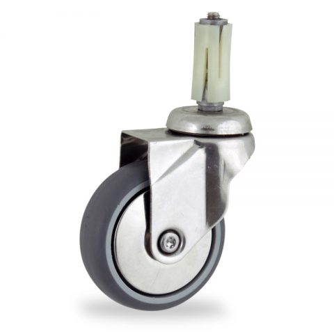 Stainless swivel castor 75mm for light trolleys,wheel made of grey rubber,plain bearing.Fitting with round expander 23/26