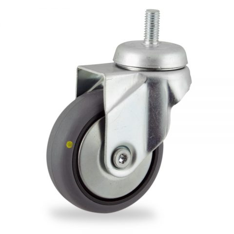 Zinc plated swivel castor 100mm for light trolleys,wheel made of electric conductive grey rubber,plain bearing.Bolt stem fitting