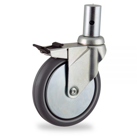 Zinc plated total lock castor 125mm for light trolleys,wheel made of grey rubber,plain bearing.Fitting with round stem 28,5x50mm