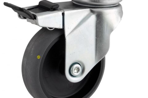 Zinc plated total lock castor 150mm for light trolleys,wheel made of electric conductive grey rubber,double ball bearings.Top plate fitting
