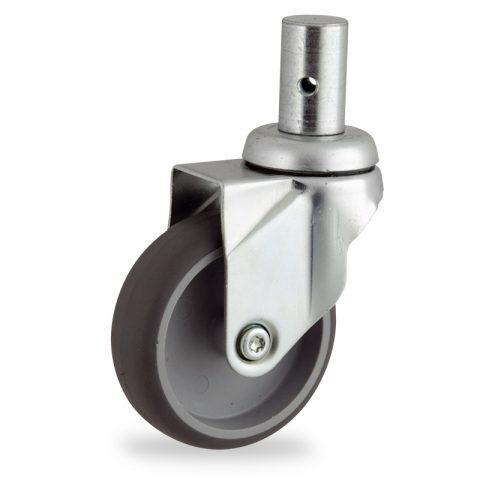 Zinc plated swivel castor 100mm for light trolleys,wheel made of grey rubber,plain bearing.Fitting with round stem 28x50mm