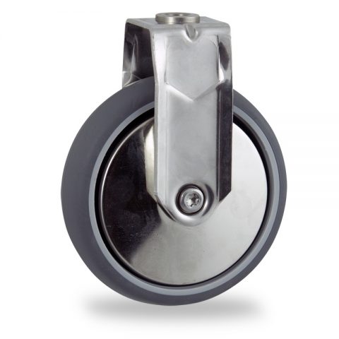 Stainless fixed castor 75mm for light trolleys,wheel made of grey rubber,double ball bearings.Bolt hole fitting