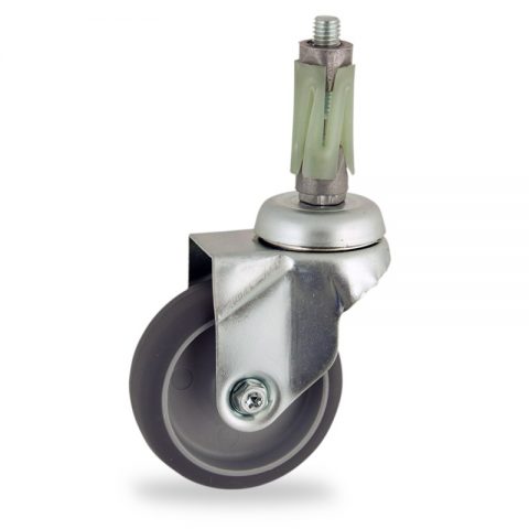 Zinc plated swivel castor 75mm for light trolleys,wheel made of grey rubber,double ball bearings.Fitting with round expander 19/23