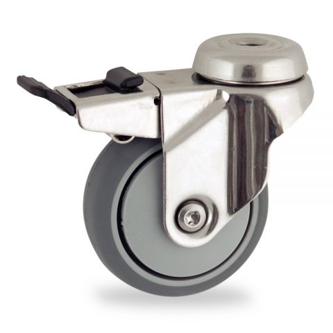 Stainless total lock castor 50mm for light trolleys,wheel made of grey rubber,precision bearing.Bolt hole fitting
