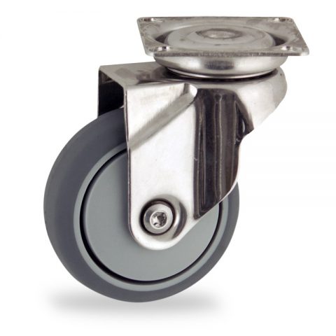 Stainless swivel castor 50mm for light trolleys,wheel made of grey rubber,precision bearing.Top plate fitting