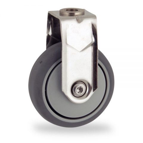 Stainless fixed castor 75mm for light trolleys,wheel made of grey rubber,plain bearing.Bolt hole fitting