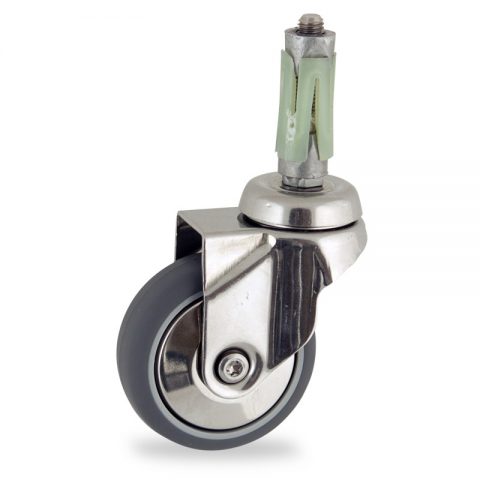 Stainless swivel castor 75mm for light trolleys,wheel made of grey rubber,plain bearing.Fitting with round expander 26/30