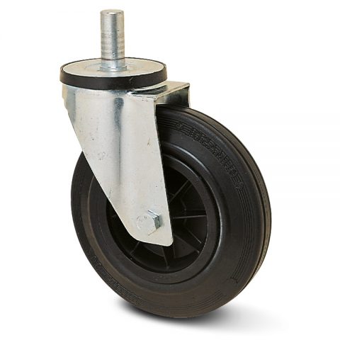 Zinc plated industrial swivel castor for trolleys.Black rubber with polyamide rim and Plain bearing.Round stem fitting