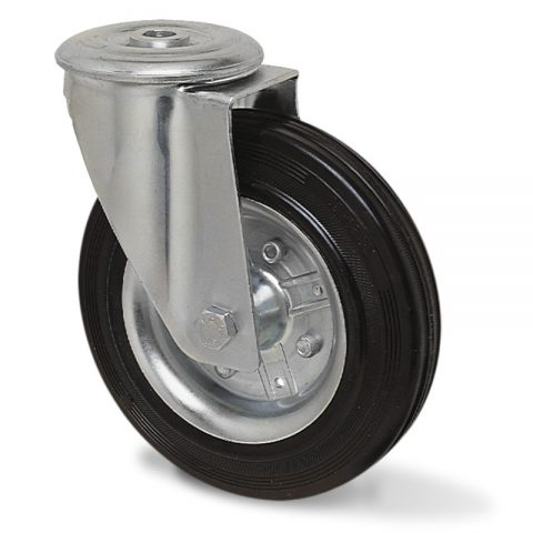 Zinc plated industrial swivel castor for trolleys.Black rubber with steel rim and roller bearing.Bolt hole fitting