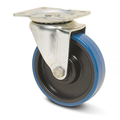 Zinc plated industrial swivel castor for trolleys.Polyurethane with Polyamide and roller bearing.Top plate fitting