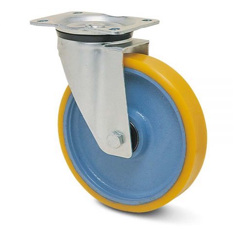 Zinc plated industrial swivel castor for trolleys.Polyurethane with Cast iron rim and Double ball bearings.Top plate fitting