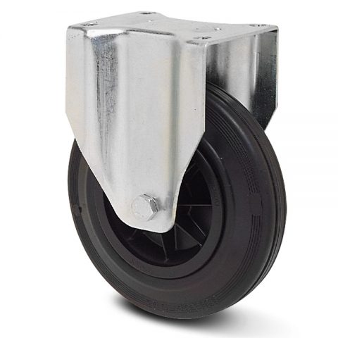 Zinc plated industrial fixed castor for trolleys.Black rubber with polyamide rim and roller bearing.Top plate fitting